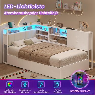 М&39яке ліжко/диван-ліжко 90x200 зі світлодіодним освітленням, зарядною станцією, кушеткою, дитячим ліжком з 2 шухлядами та металевим рейковим каркасом, узголів&39ям з місцем для зберігання, відкритими полицями, шафою, біле 90 x 200 см