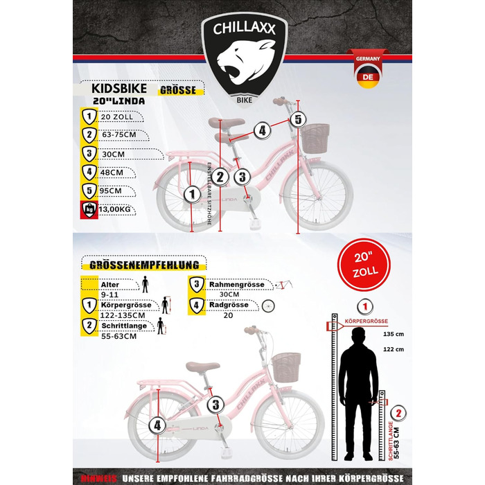 Дитячий міський велосипед Chillaxx Bike Linda Premium 20 дюймів - Велосипед для дівчаток, хлопчиків, голландський велосипед, міський велосипед, дитячий велосипед, підходить для 6, 7, 8, 9, 10, 11 років, рожевий