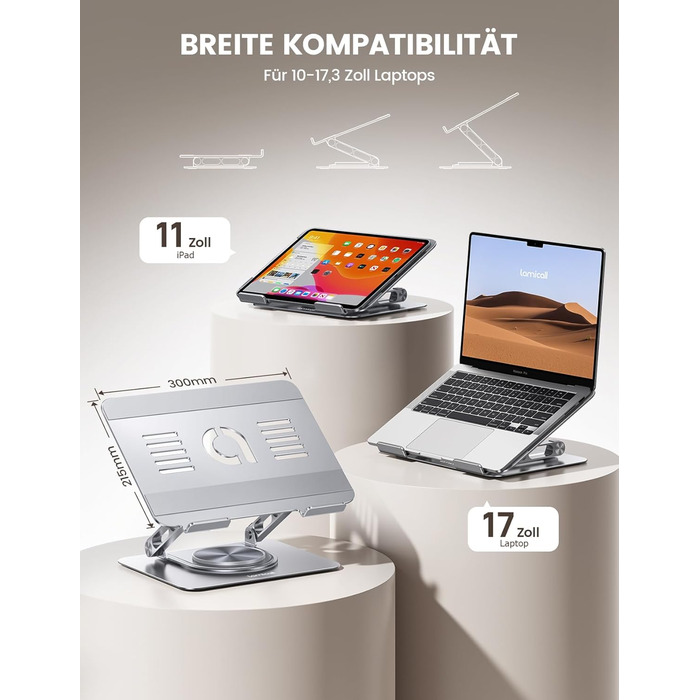 Підставка для ноутбука Lamicall регульована, поворотна на 360, алюмінієва, складана. Ергономічна підставка для Macbook Pro/Air та інших ноутбуків 10-17,3 дюймів для дому та офісу срібляста.