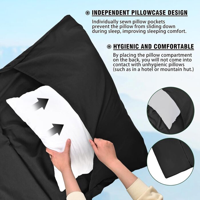 Бавовняна підкладка для спального мішка, надлегкий дорожній спальний мішок, дорожній спальний мішок із двосторонньою блискавкою, підкладка для спального мішка з мікрофібри з кишенею для подушки для кемпінгу та походів, чорний
