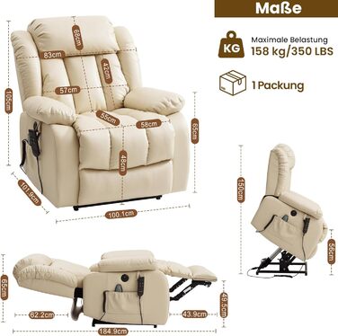Моторне електричне безступеневе регульоване крісло-реклайнер з функцією нахилу на 180, крісло з функцією сну, масажне крісло з підйомником, вібрацією та підігрівом (бежевий), 2-