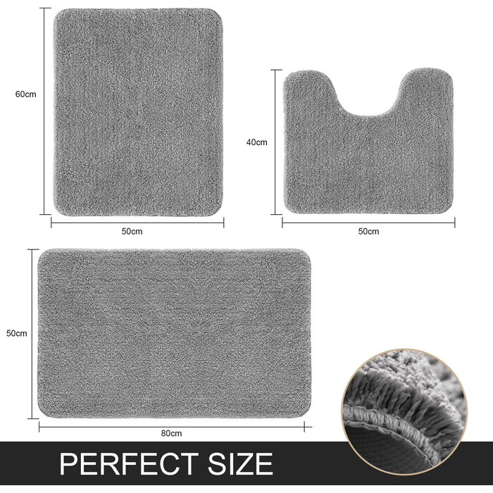 Килимок для ванної, сірий, набір з 3 предметів для ванної кімнати, нековзні килимки та килимки для ванної, нековзний килимок для ванної, що прається, надтовстий килимок для ванної з мікрофібри (сірий, 40x5050x6050x80см) 50 x 80 см (прямокутний) сірий (ком