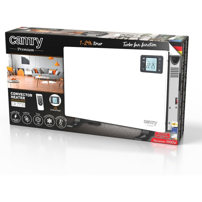 Конвекційний вентилятор-обігрівач ADLER Camry з РК-дисплеєм та пультом дистанційного керування, 2000 Вт, білий