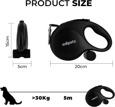 Поводок-рулетка для собак Edipets, висувний, 5 м / 8 м, гнучкий, для дресирування та прогулянок, для малих, середніх та великих порід (Чорний, 5 метрів)