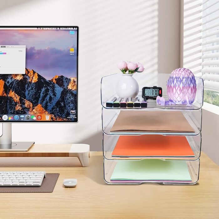 Лоток для паперу, лоток для листів, штабелюваний настільний органайзер, прозорі папки для файлів на стіл, офісний органайзер для файлів, iPad, листів, офісних документів A4, книг, нотаток, вертикальний лоток на 4 папки Claer-4shu