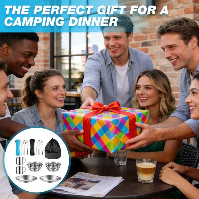 Набір посуду для кемпінгу, 15 предметів, нержавіюча сталь тарілки, миски, чашки, виделки, ложки та чохол для зберігання. Посуд з нержавіючої сталі для кемпінгу, походів та пікніків