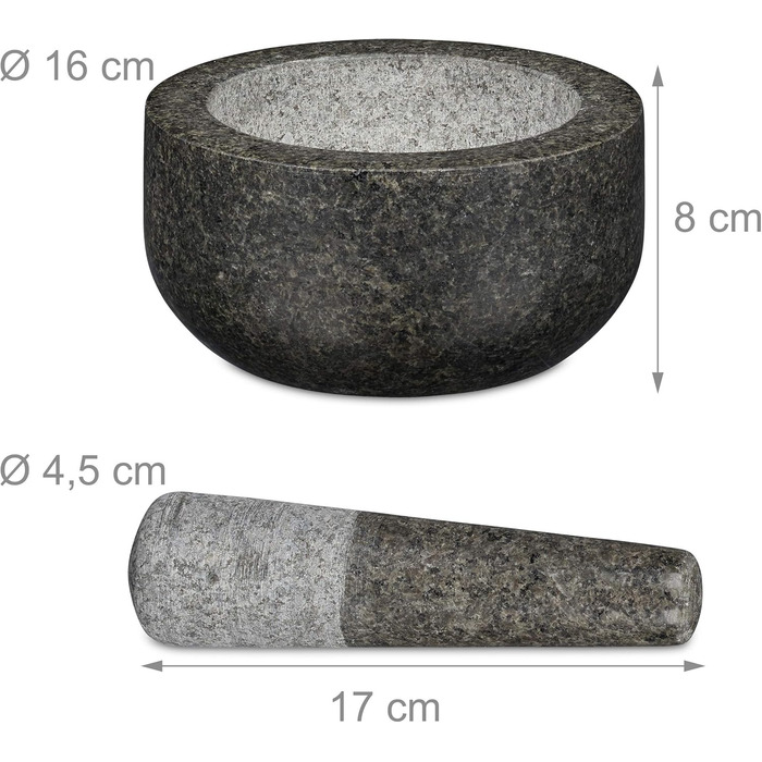 Гранітний розчин Relaxdays з товкачиком, міцний і довговічний, спеції, трави, полірований кам'яний розчин, Ø 16 см, 400 мл, сірий,