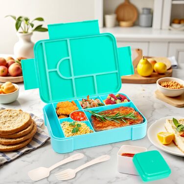 Ланчбокс Bento, 1330 мл, герметичний контейнер для їжі для дорослих з 6 відділеннями та набором столових приборів, без BPA. Підходить для офісу, мікрохвильової печі та посудомийної машини, колір океанічний синій.