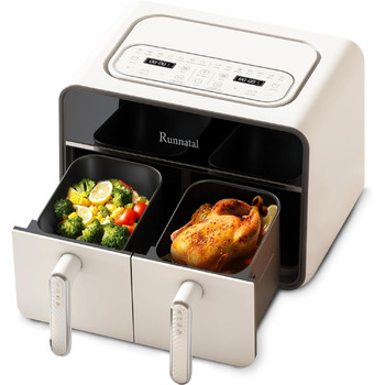 Двозонна фритюрниця Runnatal з оглядовим вікном, мультипіч 8 л, 2100 Вт, 2 відділення, двокамерна фритюрниця 14 в 1 з вегетаріанськими та м'ясними горщиками, 2 камери фритюрниці, антипригарне покриття