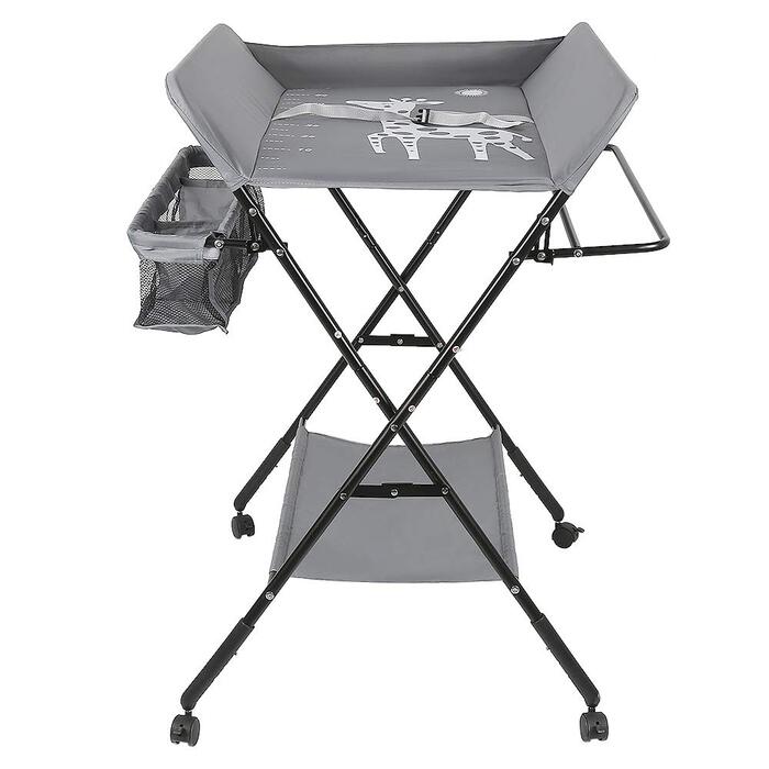 Складаний портативний пеленальний столик 3-в-1, максимальне навантаження 25 кг для новонароджених, пеленальний столик з кошиком для зберігання, ременем безпеки та 4 колесами з гальмами, регульована висота, сірий