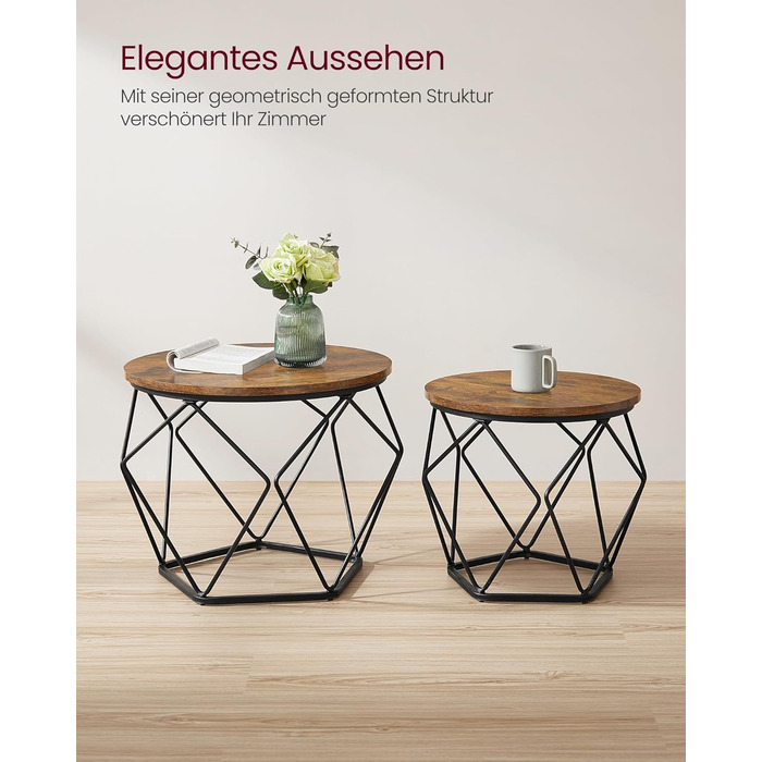 Круглий журнальний столик VASAGLE, комплект з 2 шт. , стіл для вітальні, бічний столик, вінтажний стиль, знімна стільниця, для вітальні, вінтажний коричневий-чорний LET040B01 (50г x 40В) см (40г x 36В) см вінтажний коричневий чорнильний