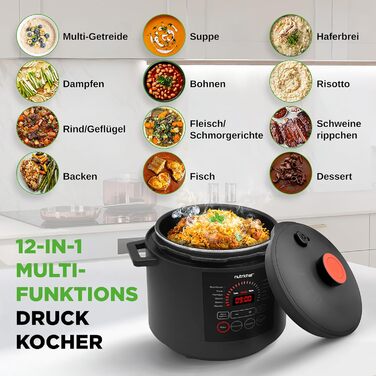 Мультиварка-скороварка NutriChef 5,7 л 9 програм, цифровий тиск-котел, рисоварка та пароварка, чорна