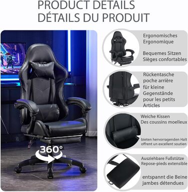 Шкіряне ігрове крісло, поворотне на 360 та ергономічне, з підголівником, поперековою опорою та підставкою для ніг, чорне
