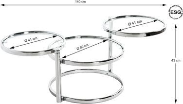 Журнальний столик HAKU Furniture, хром, метал, безпечне скло - Розміри Ш 58-140 см x В 43 см x Г 50 см, Стиль Сучасний