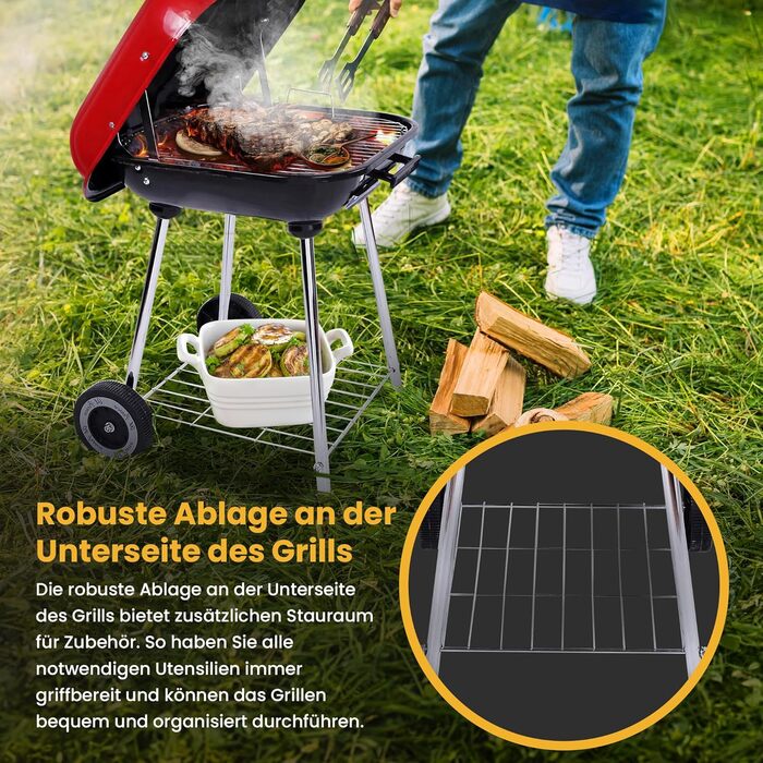Мобільний вугільний гриль з кришкою на замок та нижньою полицею, на колесах для саду та відпочинку на природі, стаціонарний гриль, кемпінговий гриль, нержавіюча сталь