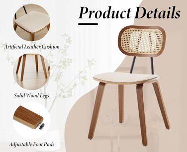 Обідні стільці з ротанга, комплект з 2 шт. , кухонний стілець з дерев&39яними ніжками, стілець з ротанга, сидіння зі штучної шкіри, м&39який стілець для їдальні, бежевий