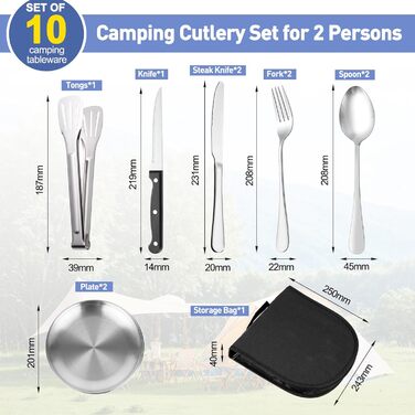 Набір кемпінгового посуду для 1-2 осіб, 10-предметний набір кемпінгових столових приборів з нержавіючої сталі, дорожні столові прибори, портативний кемпінговий посуд для пікніків та подорожей на свіжому повітрі з виделками, ножами, ложками з нержавіючої с