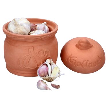 Горщик для часнику MamboCat Terra з теракоти Ø 12,8 см Глиняний горщик з кришкою для вашої кухні Гарної форми контейнер для зберігання з рельєфним малюнком та написами Ідеально підходить для тривалого зберігання