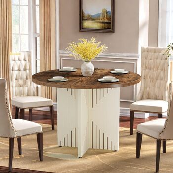 Круглий обідній стіл LITTLE TREE, сучасний кухонний стіл 100 см, обідній стіл з круглою дерев&39яною основою, велика робоча поверхня з МДФ для 4-6 осіб, коричневий та бежевий