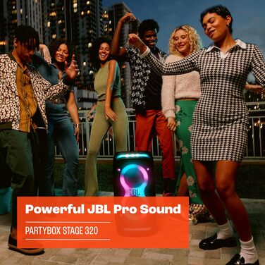 В чорному кольорі - портативна Bluetooth колонка з JBL Pro Sound, світловим шоу, підсилювачем звуку AI, колесами та телескопічною