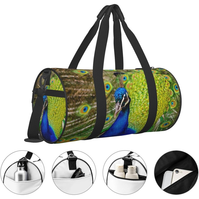 Спортивна сумка, дорожня сумка, стильний принт павича, сумка для подорожей та на ніч, чорна, універсальний розмір