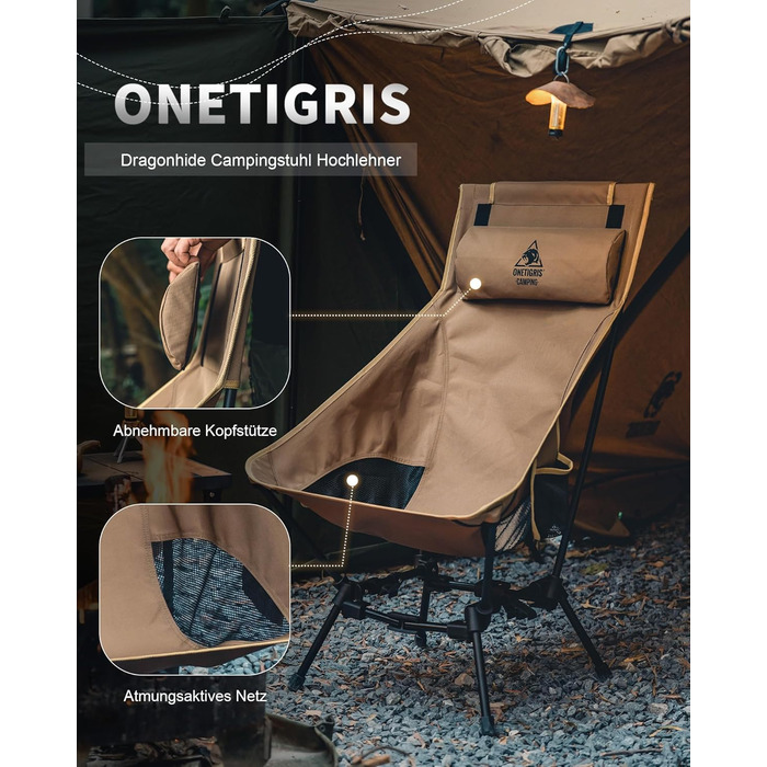 Крісло для кемпінгу OneTigris DRAGONHIDE, висока спинка, складне, вантажопідйомність 125 кг, легке складне кемпінгове крісло, складне рибальське крісло з 2 боковими кишенями, надлегке складне крісло для використання на свіжому повітрі, для походів, коричн