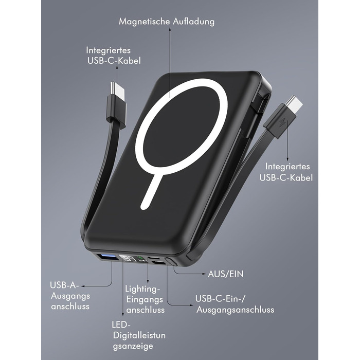 Бездротовий зовнішній зарядний пристрій Podoru для Magsafe, магнітний ємністю 10000 мАг з кабелем USB-C, швидка зарядка PD 20 Вт зі світлодіодним дисплеєм, бездротовий акумулятор для iPhone 17/16/15/14/13/12 усіх серій (чорний)