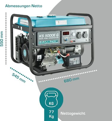 Генератор на зрідженому паливі/бензині K&S Knner&Shnen KS 5000E G серії DUAL FUEL, аварійний генератор потужністю 4500 Вт, ручний/електричний запуск, 2x16A, 12 В, генератор з (AVR), генератор живлення, захист генератора від короткого замикання Blue5eg
