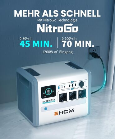 Портативна електростанція EHOM, EP1650 1024Wh LiFePO4 EVE Акумуляторна батарея Сонячний генератор резервний 230V AC/DC/USB, 1650W