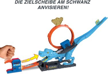 Гоночний трек Hot Wheels T-Rex атака, гра на спритність завдяки точному розрахунку часу та прицілюванню, з петляючою трасою, автом