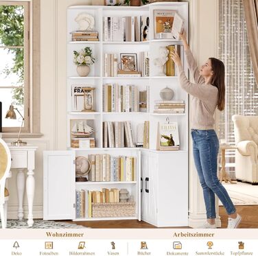 Кутова книжкова шафа FirFurd 187 см з дверцятами, 12 відділень, L-подібна дерев&39яна вітрина, висока шафа, полиця з дверцятами для вітальні, кабінету, офісу, кухні, 187 x 80 x 80 см, білий