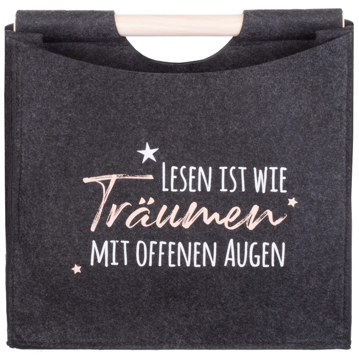 Стійка для газет Brandsseller Felt з дерев&39яною ручкою, приблизно 31 x 30 x 18 см, кошик/кишеня для газет - Читання - це як мріяти з відкритими очима - Антрацит