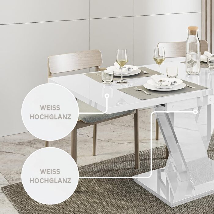 Розкладний обідній стіл (160 см) - 120x80x75 см - Сучасний - Обідній стіл - Обідній стіл - Стіл для їдальні, вітальні - Розкладний стіл - Білий глянцевий