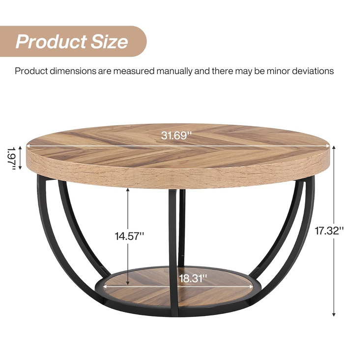 Круглий журнальний столик Tribesigns, промисловий 2-рівневий круглий журнальний столик з полицями для зберігання, сучасний дерев&39яний акцентний центральний столик, диван, бічний столик для вітальні, домашній офіс з деревним рисунком