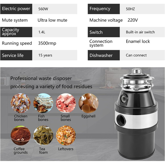 Електричний подрібнювач кухонних відходів OUKANING 1.4 л - Подрібнювач відходів для мийки 560 Вт Подрібнювач кухонних відходів Система утилізації харчових відходів