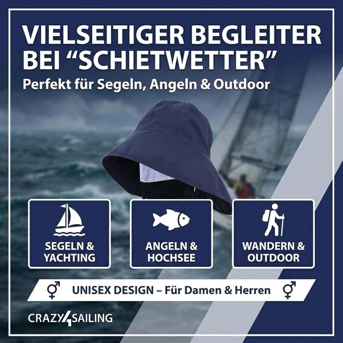 Дощовик crazy4sailing Storm Southwester для чоловіків та жінок водонепроникний вітрильний капелюх з підкладкою та ремінцем на підборідді класичний дощовик з клейкої шкіри для вітрильного спорту, риболовлі та активного відпочинку вітрозахисний та дихаючий,