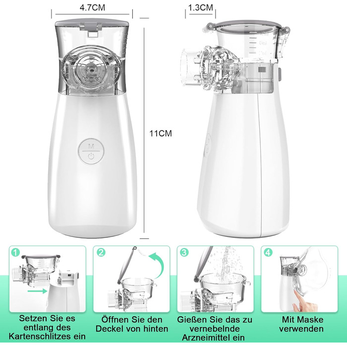 Небулайзер Nauotk Inhaler, портативний інгалятор для дорослих і дітей об'ємом 10 мл безшумний USB-C, що перезаряджається з мундштуком для дому та подорожей, білий