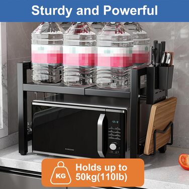 Полиця для мікрохвильової печі, розширювана з 6 гачками, 1 полиця для обробної дошки, органайзер для кухонних полиць, кухонна полиця для мікрохвильової печі, 2-рівнева полиця для мікрохвильової печі