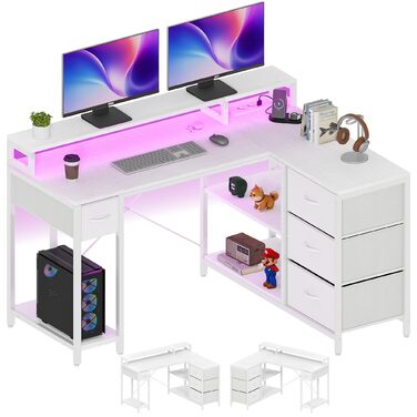Подібний письмовий стіл із USB-портом для зарядки та розеткою, двосторонній кутовий стіл із 4 шухлядами та полицею, ігровий стіл із підставкою для монітора, 140x100 см, комп&39ютерний стіл для офісу, білий