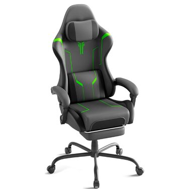 Ігрове крісло, ергономічне ігрове крісло - регульоване та поворотне ігрове крісло, з шарнірними підлокітниками, підставкою для ніг, поперековою опорою, шкіряним покриттям, ігрове крісло для кіберспорту/дому/офісу (чорний зелений) сірий