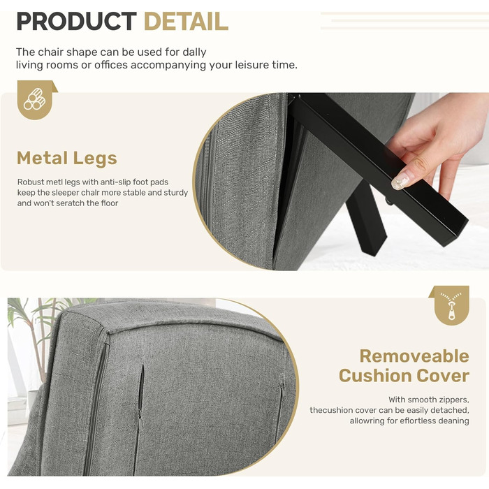 Крісло-ліжко 4-в-1, диван-ліжко, компактне гостьове ліжко, крісло-реклайнер з регульованою спинкою, вантажопідйомність 150 кг, металевий каркас та лляне темно-сіре одне ліжко темно-сірого кольору
