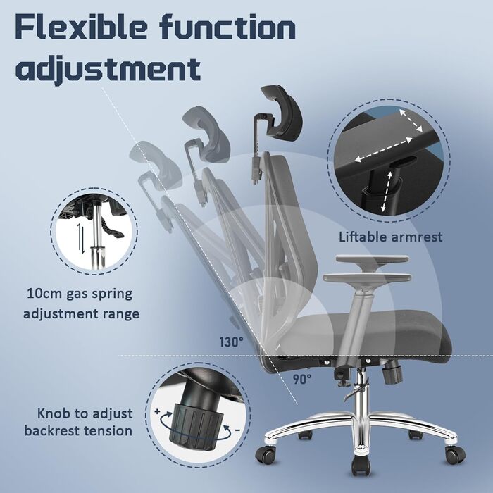 Ергономічне офісне крісло, робоче крісло з регульованою поперековою опорою для тривалого сидіння, функцією нахилу спинки (трирівневий механізм блокування) та регулюванням висоти, обертове крісло, сітчасте крісло, чорне офісне крісло