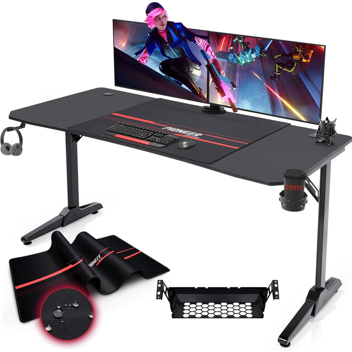 Стіл 140 см Ігровий стіл Геймерський комп'ютерний стіл Ергономічний стіл для ПК з Т-подібною формою для зберігання кабелів, підскл