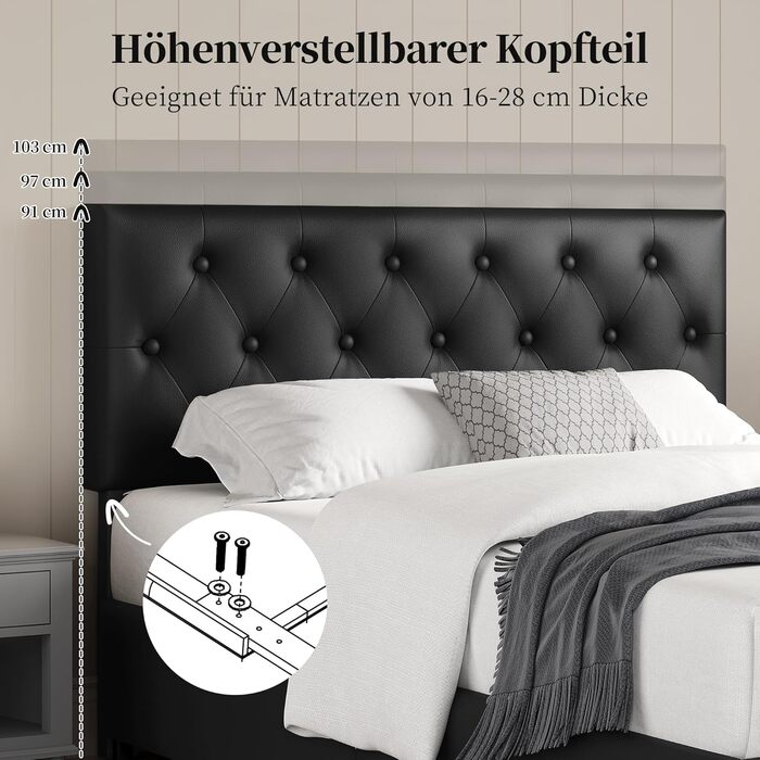 Ліжко Yaheetech з м&39якою оббивкою 140 x 200 см, двоспальне ліжко з 2 шухлядами, узголів&39ям з регульованою висотою, м&39яке ліжко з рейковою основою, багато місця для зберігання, чорний колір