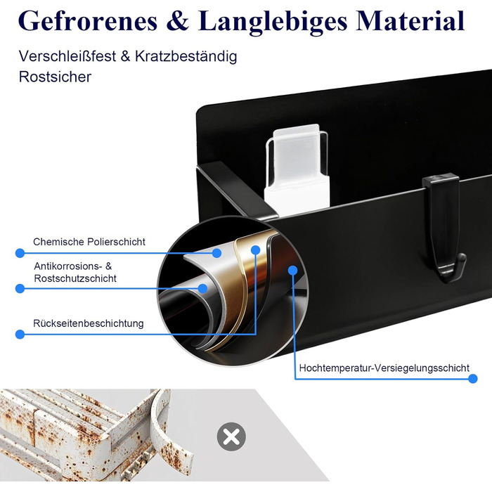 Полиці для душу без свердління, чорні, водостійкий органайзер для ванної кімнати, полиця для шампуню та гелю для душу, кошик для душу з матового чорного металу з тримачем та 4 гачками, 2