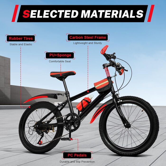Дюймовий дитячий гірський велосипед, 7-швидкісний дитячий велосипед для хлопчиків та дівчаток з пляшкою для води, сумкою для зберігання, дзвіночком-компасом, велосипед з вуглецевої сталі, вантажопідйомність 85 кг, червоний, 20-