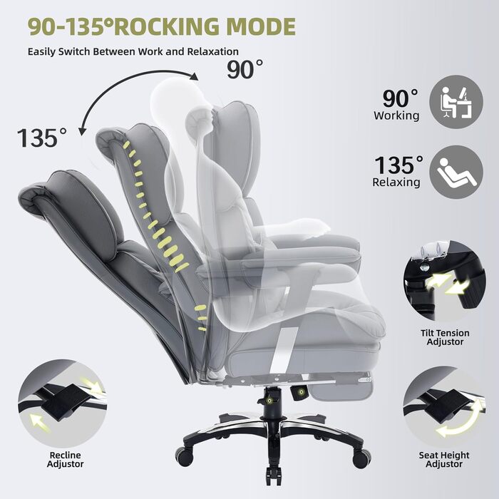 Офісне крісло Efomao, велике та високе крісло зі штучної шкіри X-Embroidery для дому, регульоване ігрове крісло з високою спинкою, поворотне крісло керівника 200 кг з підставкою для ніг та поперековою опорою, сірий 3070eu-grey