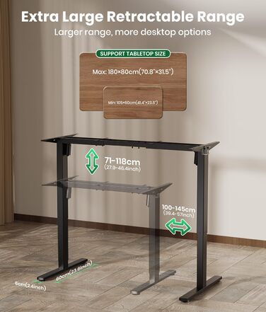 Електрична рама столу з регулюванням висоти з 2 потужними двигунами, регульована по висоті підставка з портом USB-C, функцією пам&39яті, 2 гачки, чорний колір