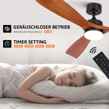 Стельовий вентилятор CO-Z з пультом дистанційного керування 52-дюймовий дерев'яний вентилятор Світлодіодне світло Робота влітку та взимку Тихий двигун постійного струму для внутрішнього та зовнішнього покриття