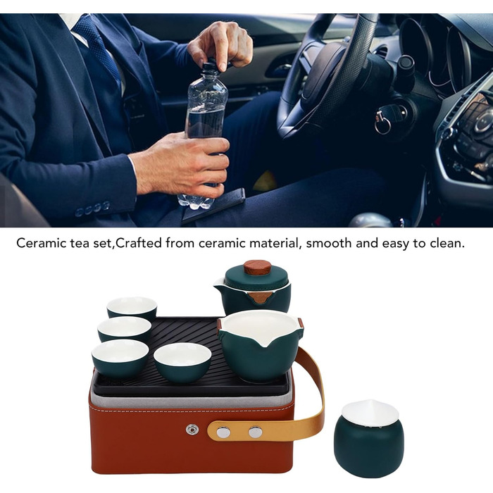 Гонфу-Чайний Сервіс, Портативний Керамічний Чайник з Елегантним Коричневим Шкіряним Футляром, Традиційний Темно-Зелений Дизайн для Дому, Офісу, Подорожей та як Подарунок